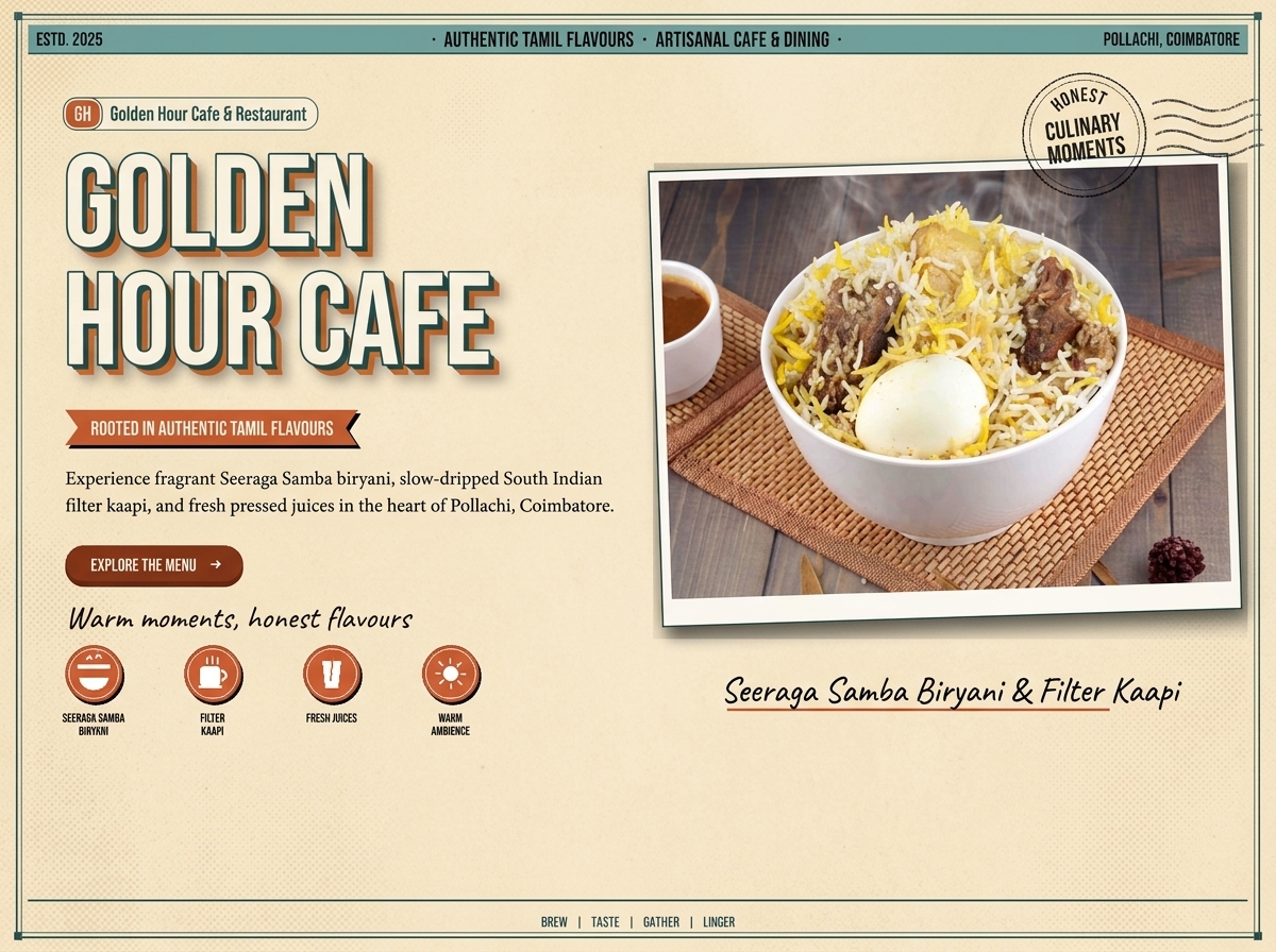 Golden Hour Cafe artisanal restaurant and digital menu website preview